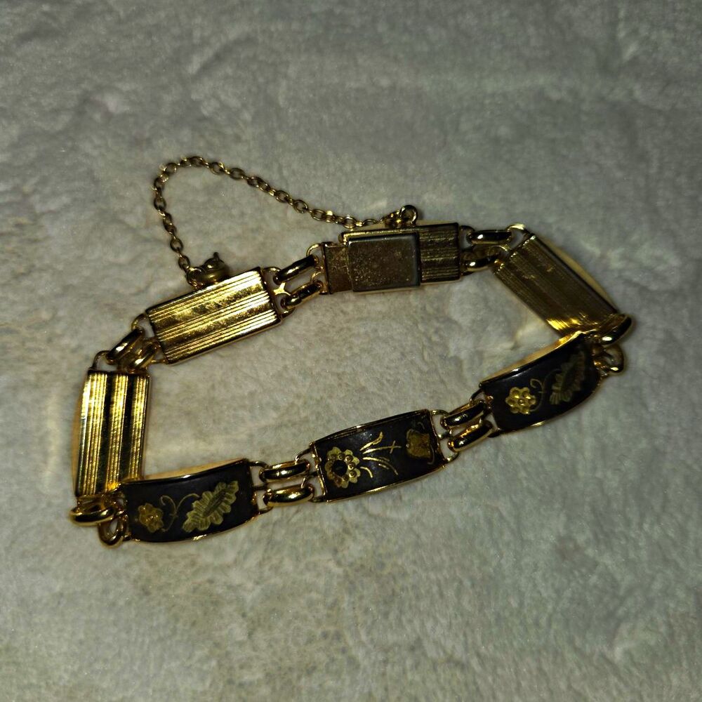 Damascene Gold Tone Black Floral Panel Link Bracelet w/ Safety Chain Box Clasp